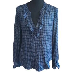 Paige Blouse Womens S SMALL Blue Silver Metallic Gingham Amalfi Ruffle V Neck